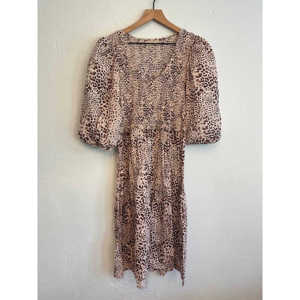 Lola Australia Leopard Print Smocked Cotton Midi Dress Brown Tan Small